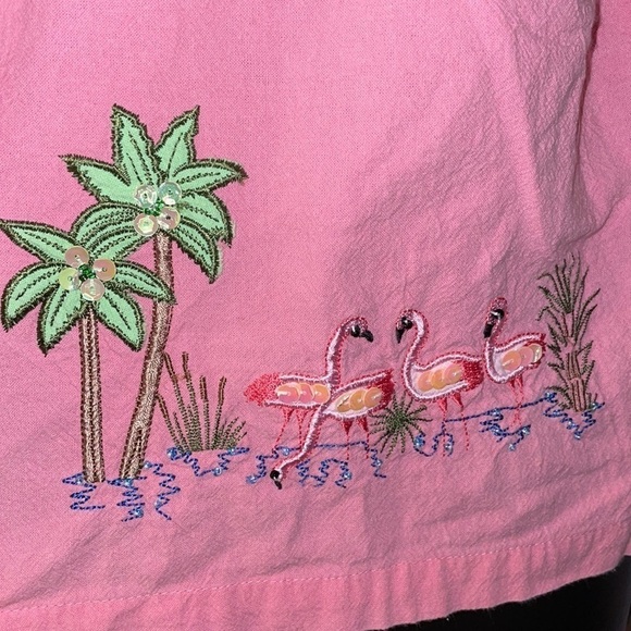 Jane Ashley Casual Lifestyle Button Up Pink Embroidered Flamingo Tropical Blouse - Picture 7 of 16